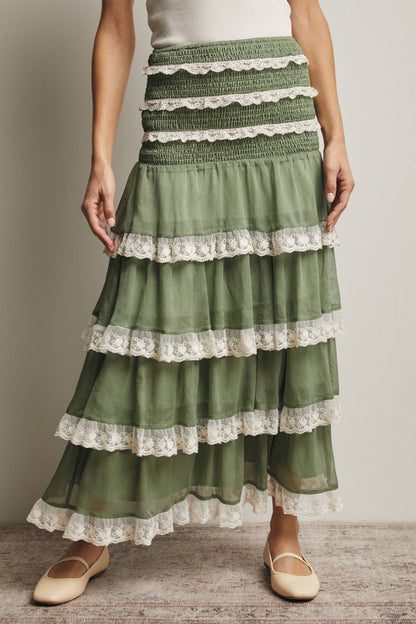 Smocked Lace Trim Two-Way Midi Dress Skirt
