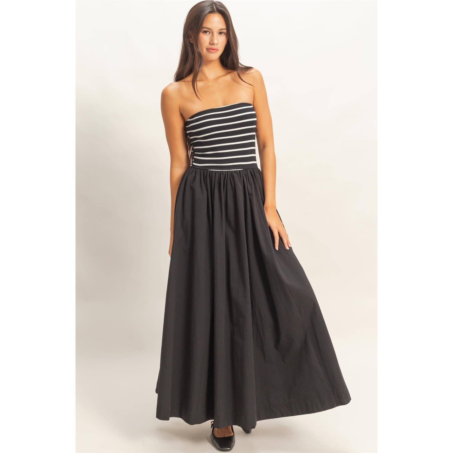 Striped Strapless Flowy Midi Dress