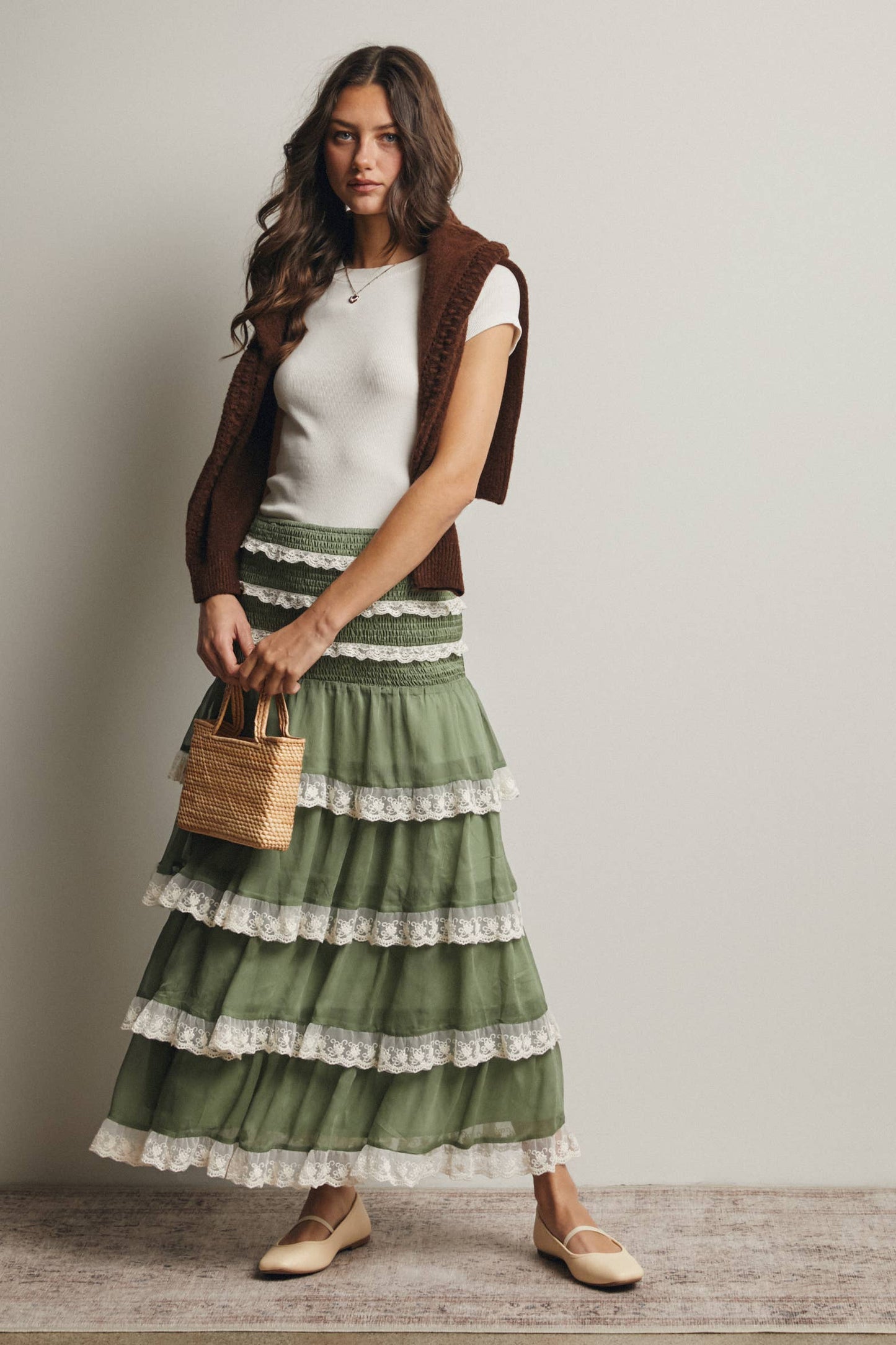 Smocked Lace Trim Two-Way Midi Dress Skirt