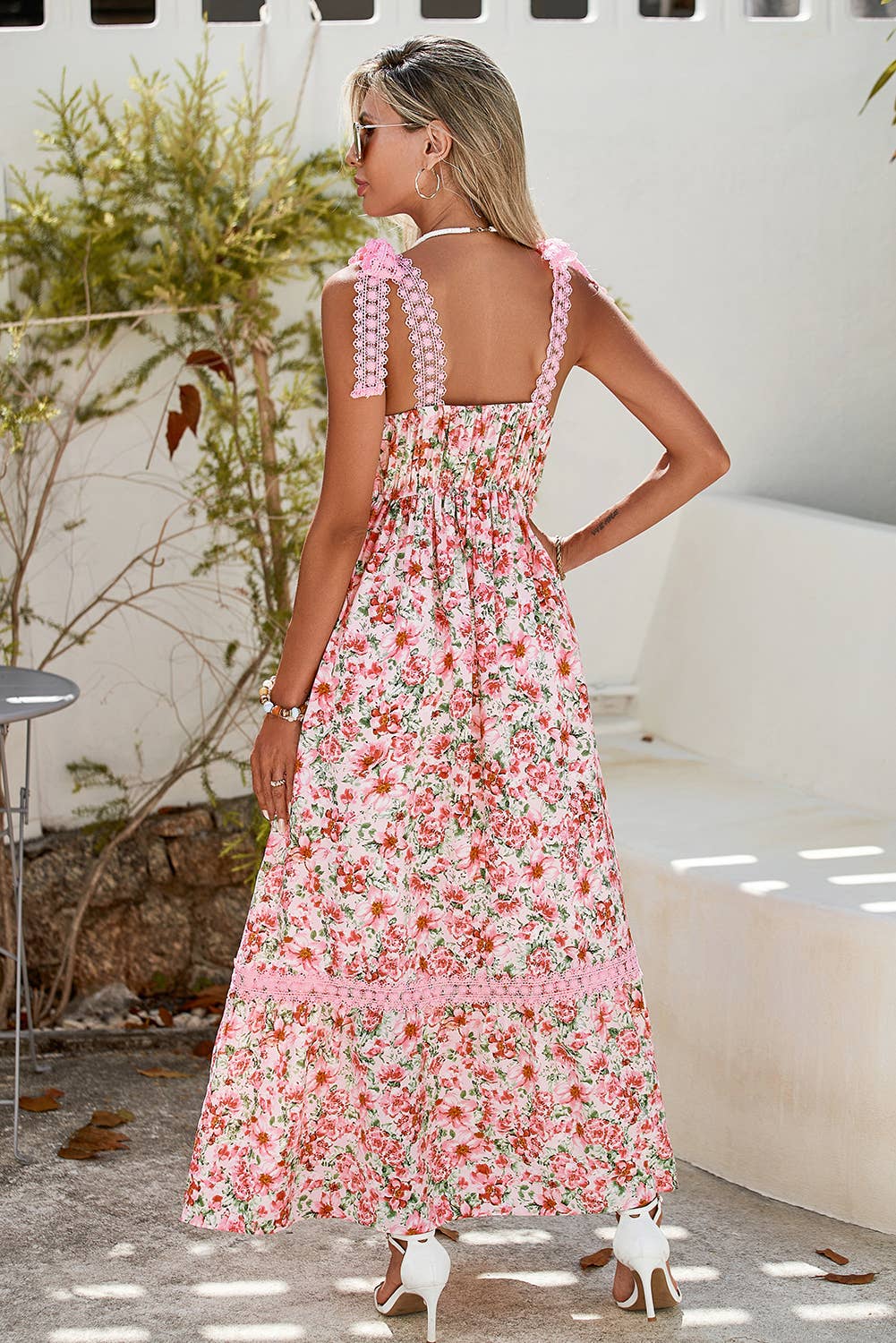 Floral Lace Tied Strap Empire Waist Maxi Dress