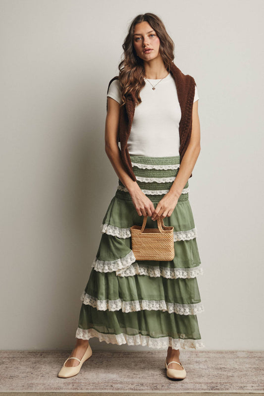 Smocked Lace Trim Two-Way Midi Dress Skirt