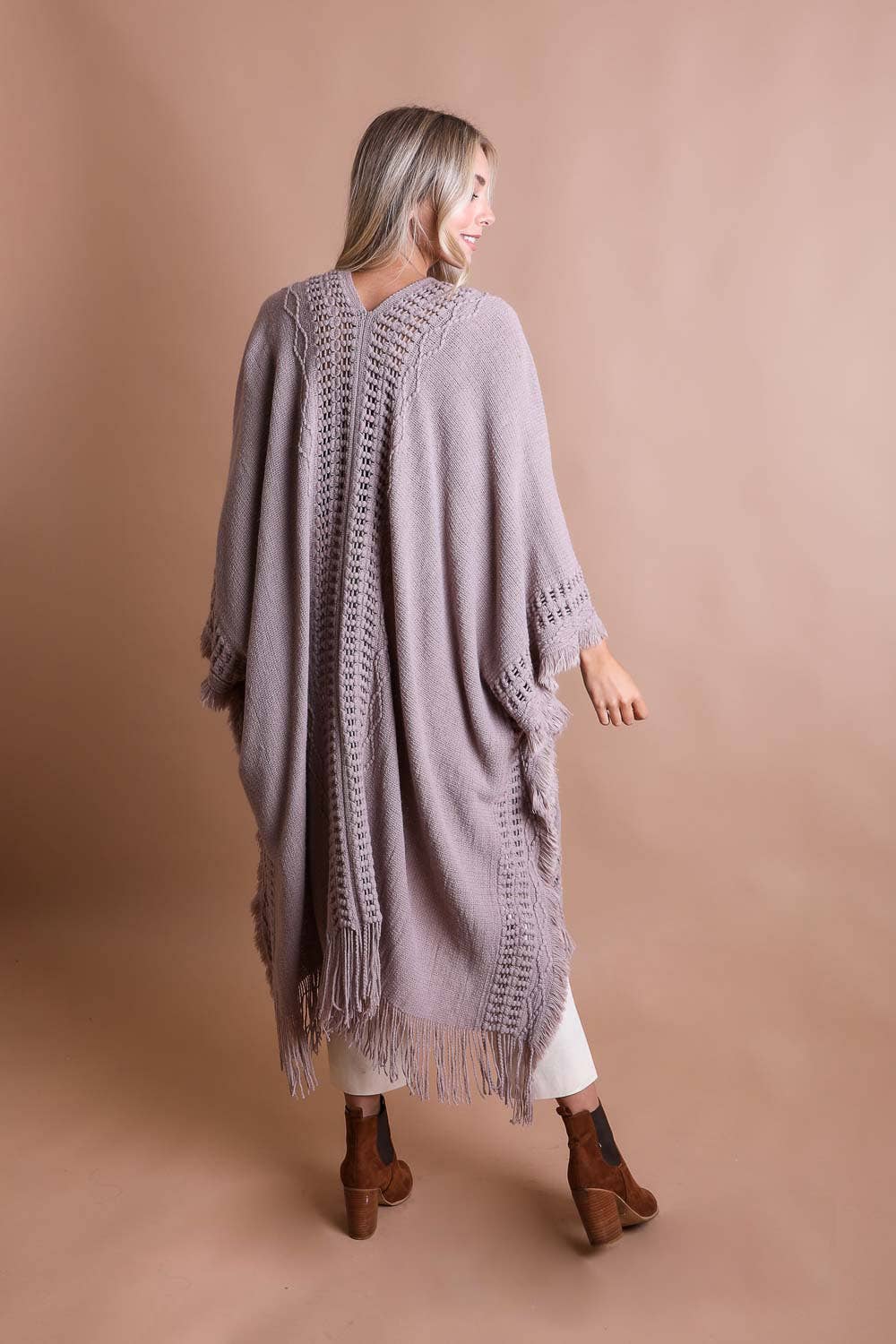 Open Work Frayed Border Bohemian Ruana: Gray