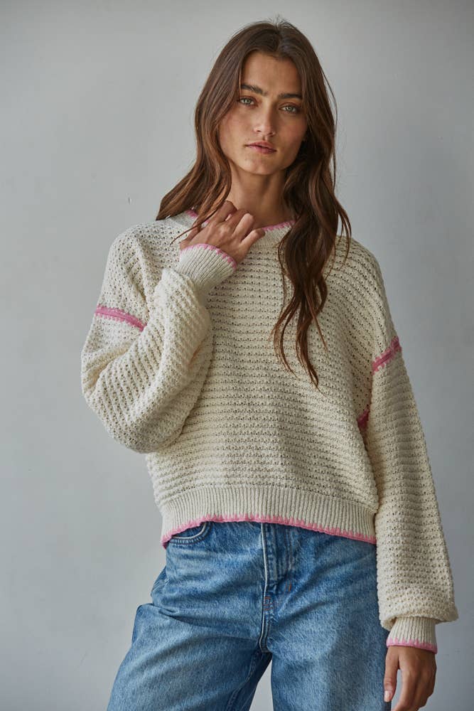 Knit Sweater Long Sleeve Top: Cream Pink