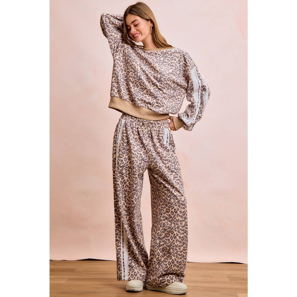 LEOPARD FRENCH TERRY LACE CONTRAST SWEATPANTS