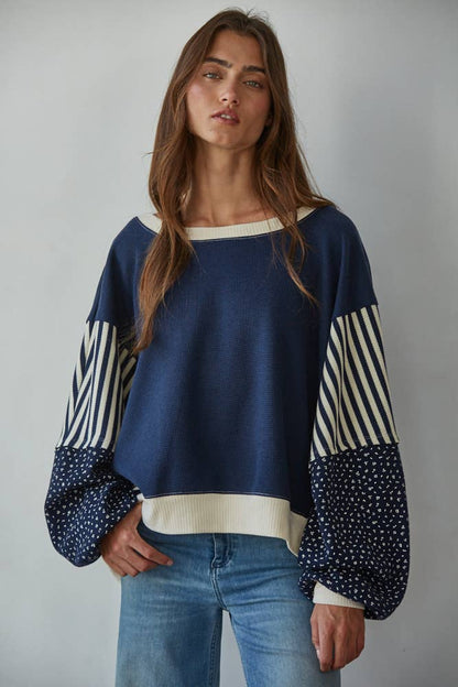 Knit Cotton Polyester Striped Floral Long Sleeve