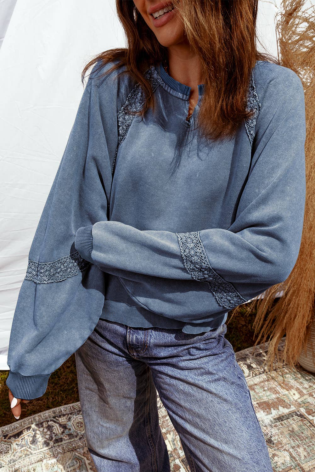 Lace Patchwork Mineral Wash Sweatshirt