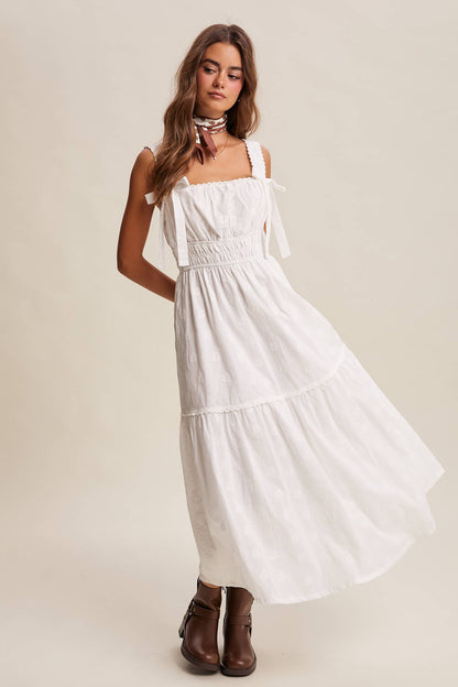 Embroidered Tie-Strap Tiered Maxi Dress