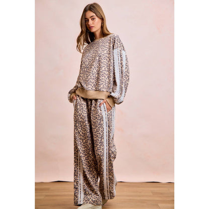 LEOPARD FRENCH TERRY LACE CONTRAST SWEATPANTS
