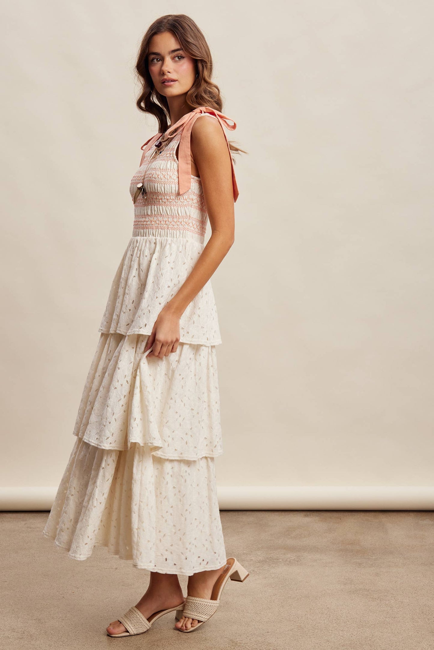 Smocked Tie Shoulder Lace Maxi Dress