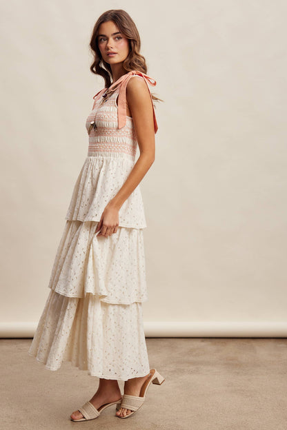 Smocked Tie Shoulder Lace Maxi Dress