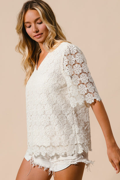 All Over Flower Lace V Neck Top