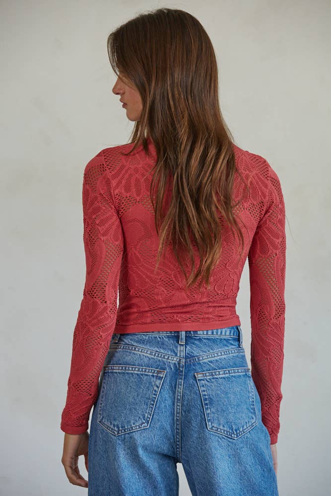 Knit Seamless Jacquard Mock Neck Long Sleeve