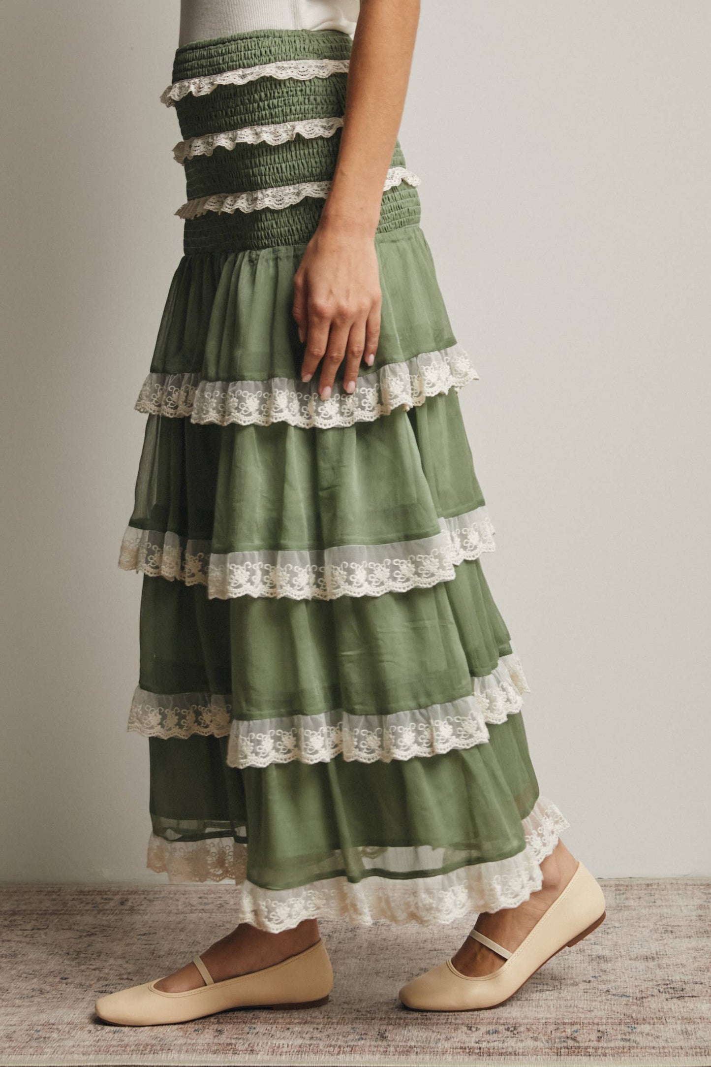 Smocked Lace Trim Two-Way Midi Dress Skirt