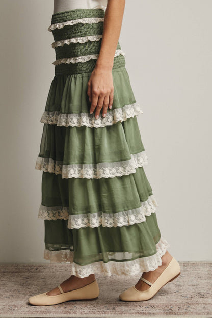 Smocked Lace Trim Two-Way Midi Dress Skirt