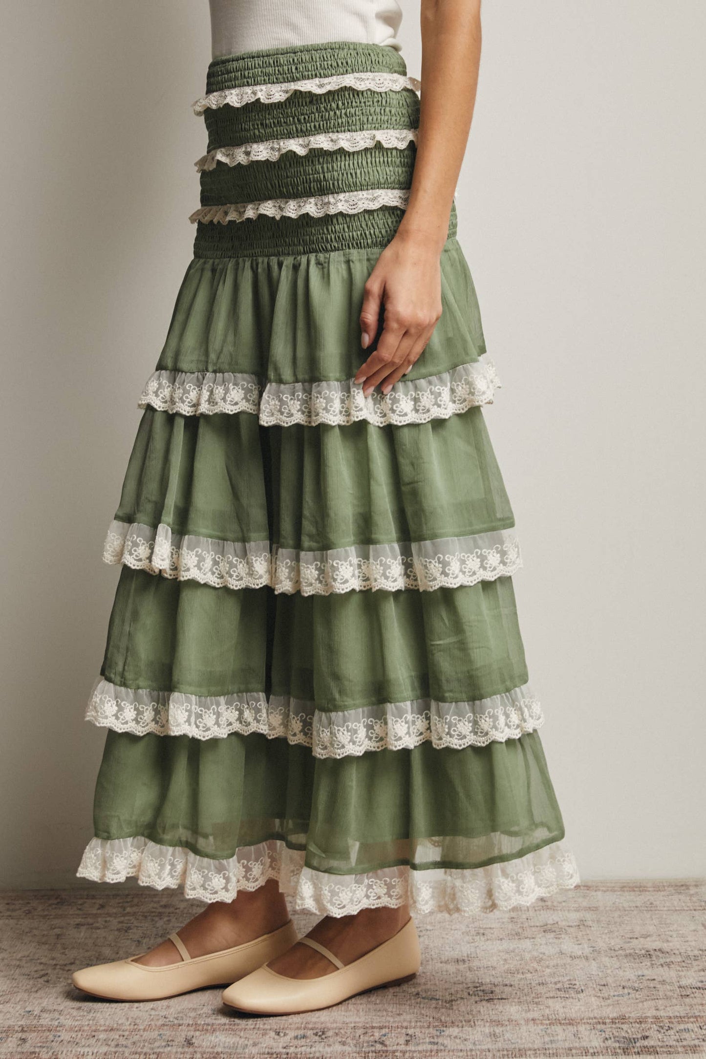 Smocked Lace Trim Two-Way Midi Dress Skirt