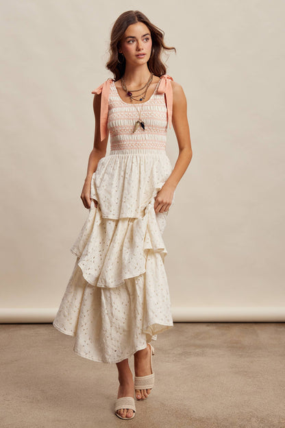 Smocked Tie Shoulder Lace Maxi Dress