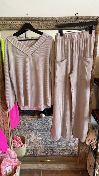 Two Tone Cord Rib V-neck Top & Pants Set