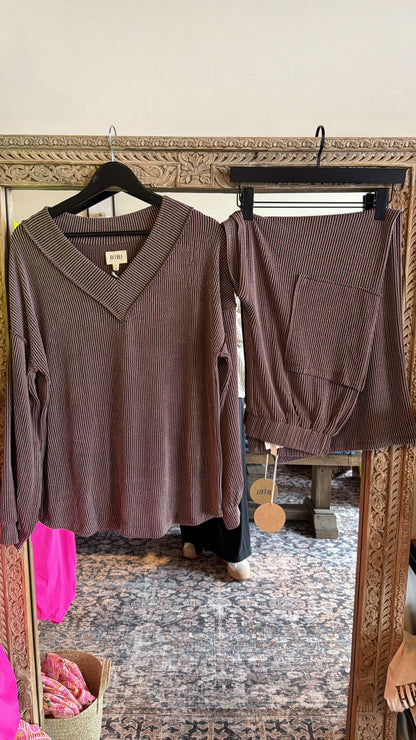 Two Tone Cord Rib V-neck Top & Pants Set