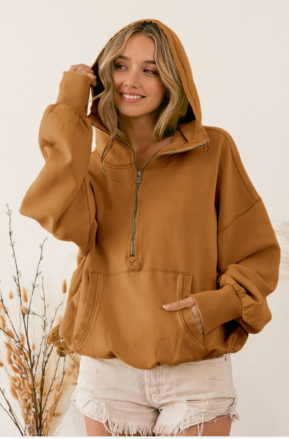 Elastic Waist Quarter Zip Hoodie