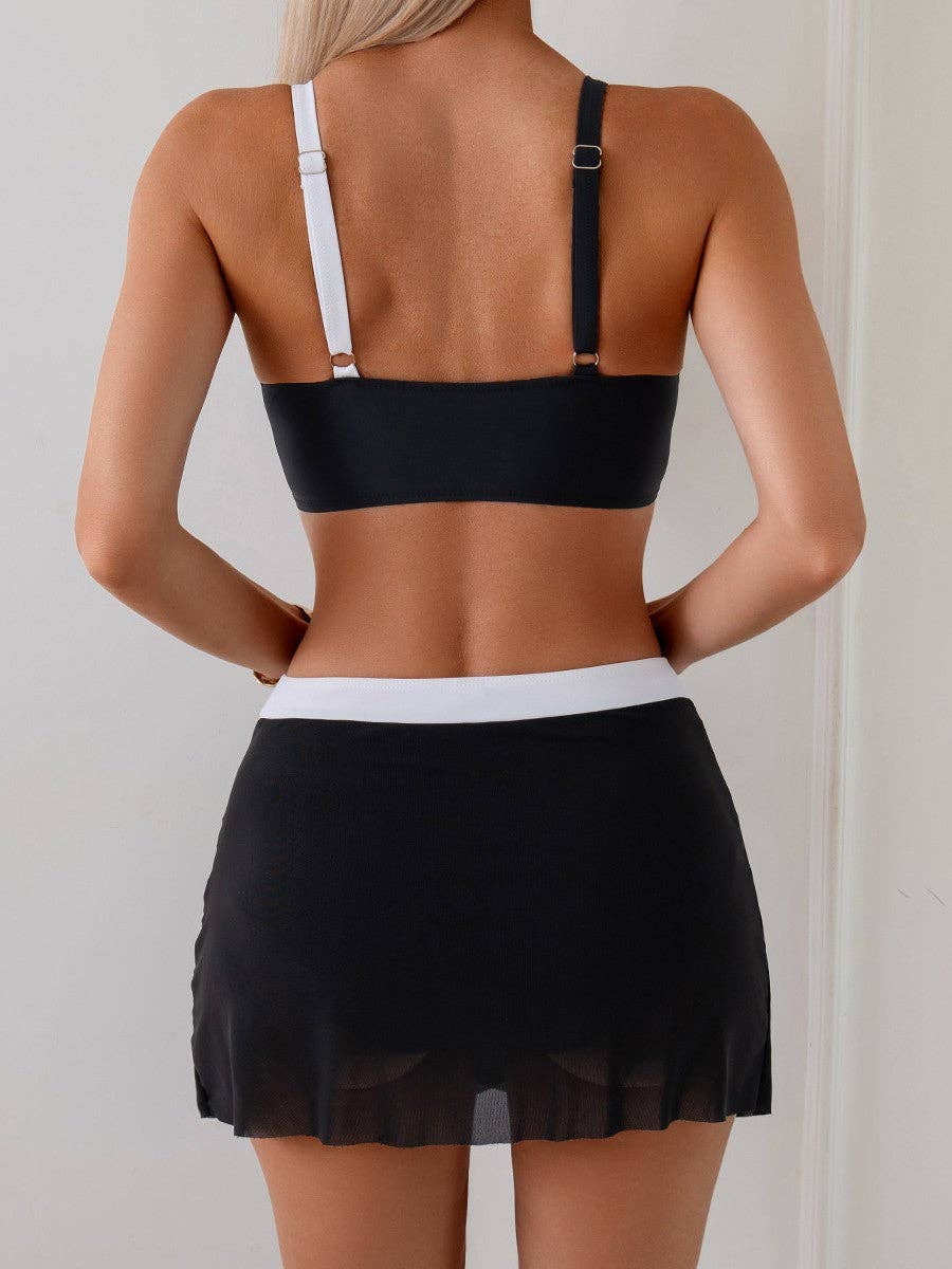 Color Block Bikini Set with Skirt: Black & White