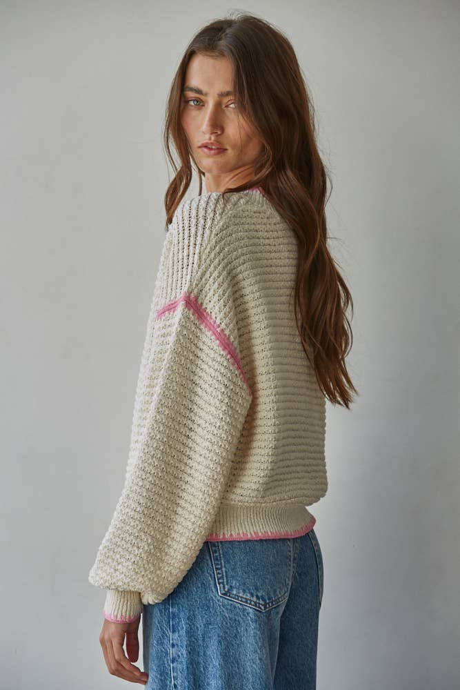 Knit Sweater Long Sleeve Top: Cream Blue