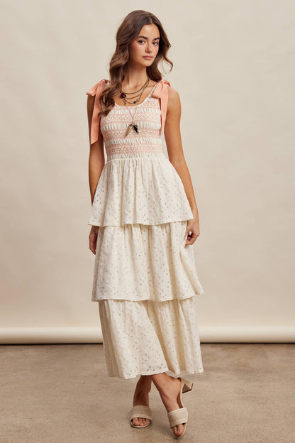 Smocked Tie Shoulder Lace Maxi Dress