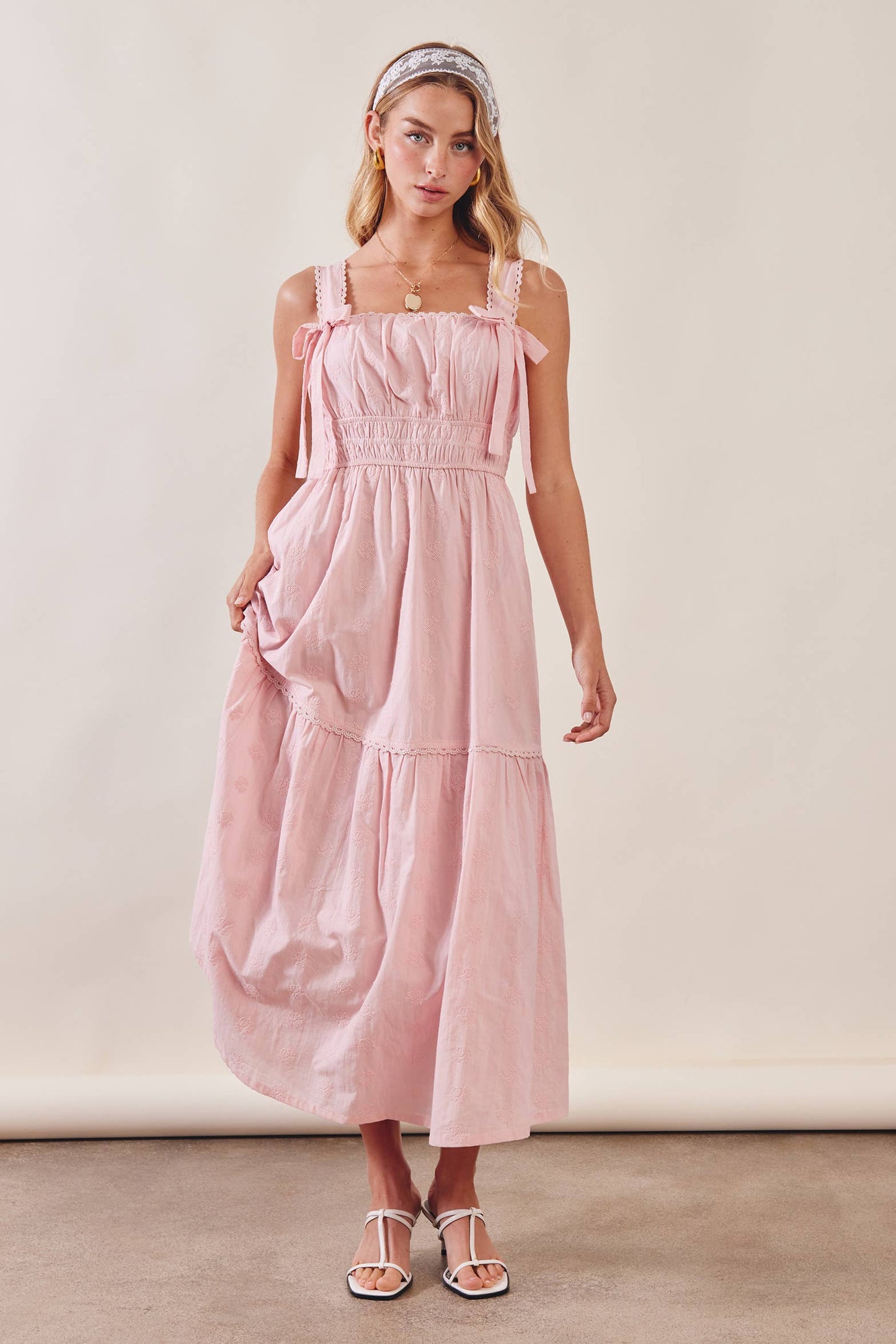 Embroidered Tie-Strap Tiered Maxi Dress
