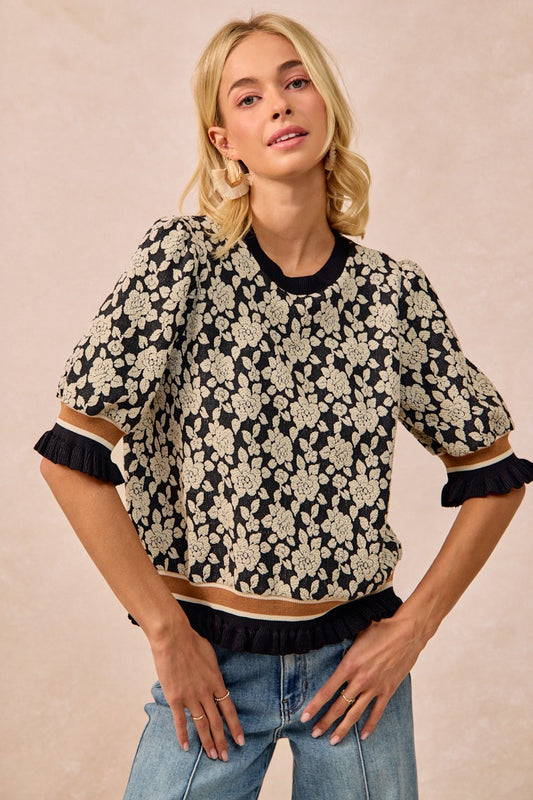 Textured Rose Knit Top Contrast Banded Puff Sleeve
