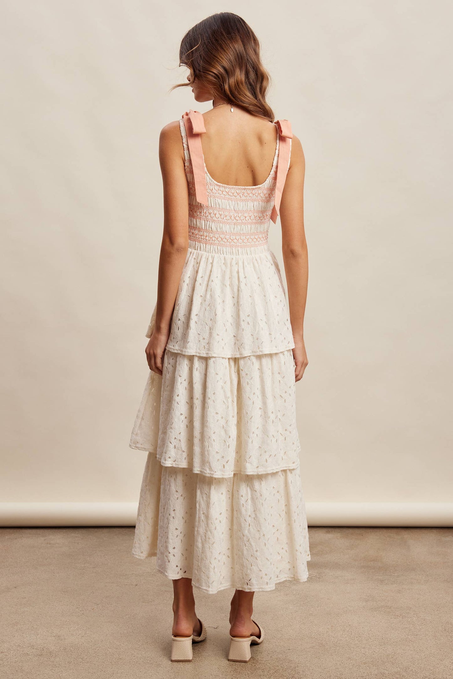 Smocked Tie Shoulder Lace Maxi Dress