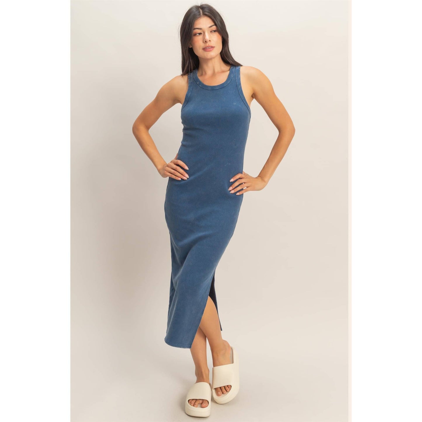 Acid Washed Ribbed Midi Tank Dress