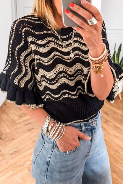 Wavy Crochet Ruffle Half Sleeve Sweater