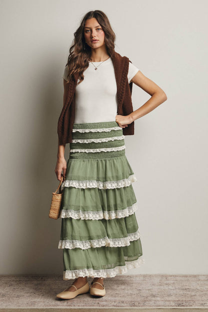 Smocked Lace Trim Two-Way Midi Dress Skirt