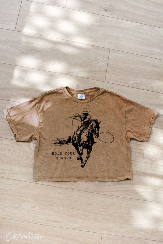 HOLD YOUR HORSES Cropped Mineral Graphic Top