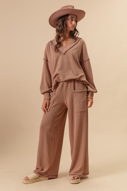 Two Tone Cord Rib V-neck Top & Pants Set