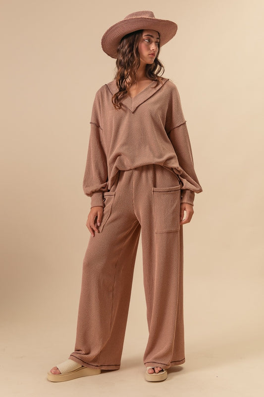 Two Tone Cord Rib V-neck Top & Pants Set