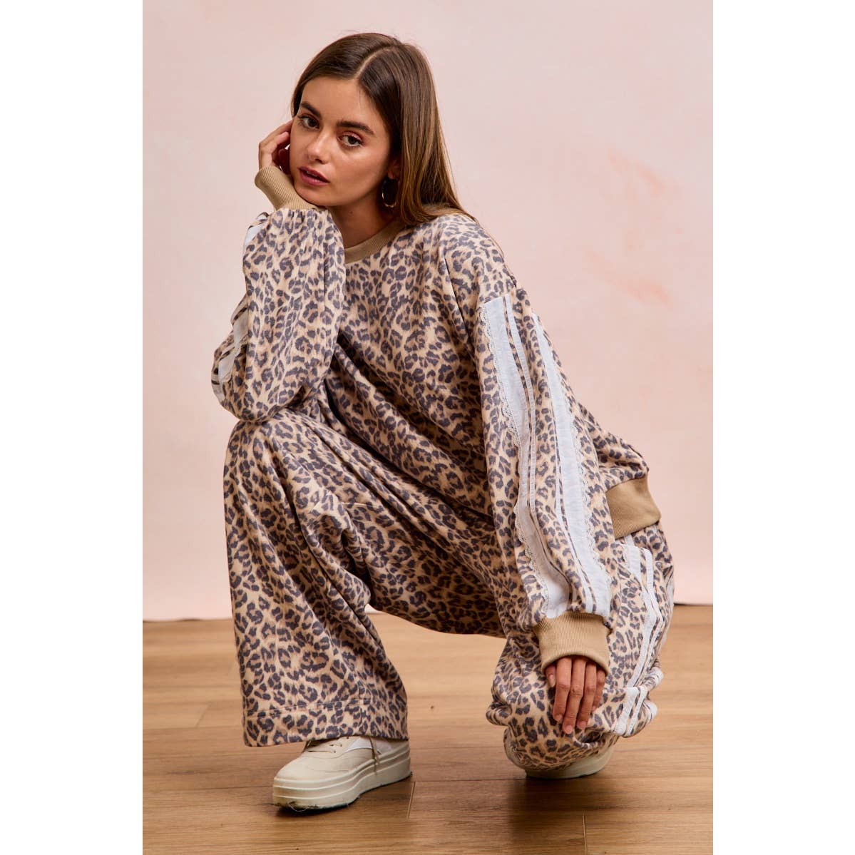 LEOPARD FRENCH TERRY LACE CONTRAST SWEATPANTS