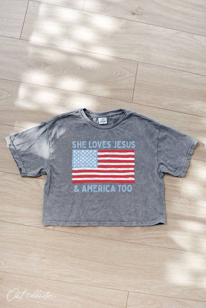 SHE LOVES JESUS AND AMERICA TOO Cropped Mineral Graphic Top