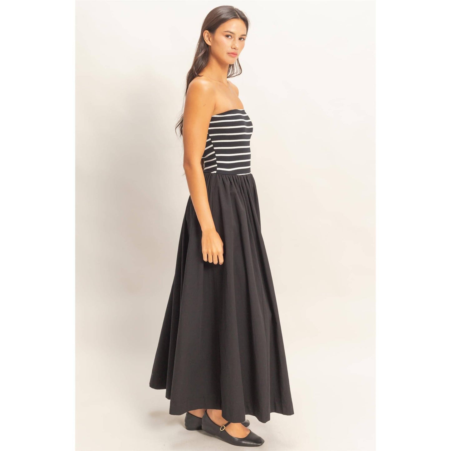 Striped Strapless Flowy Midi Dress