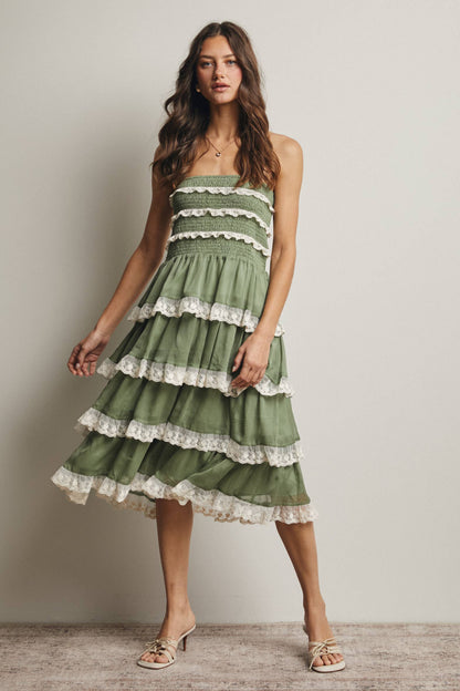 Smocked Lace Trim Two-Way Midi Dress Skirt