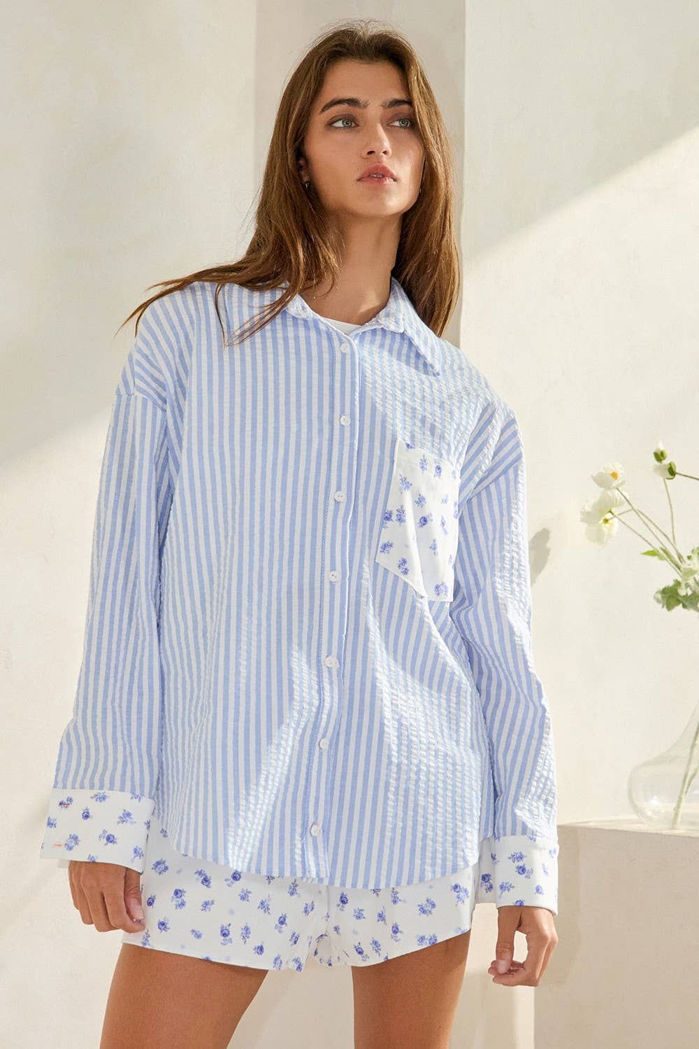 Floral Contrast Detail Button-Down Shirts