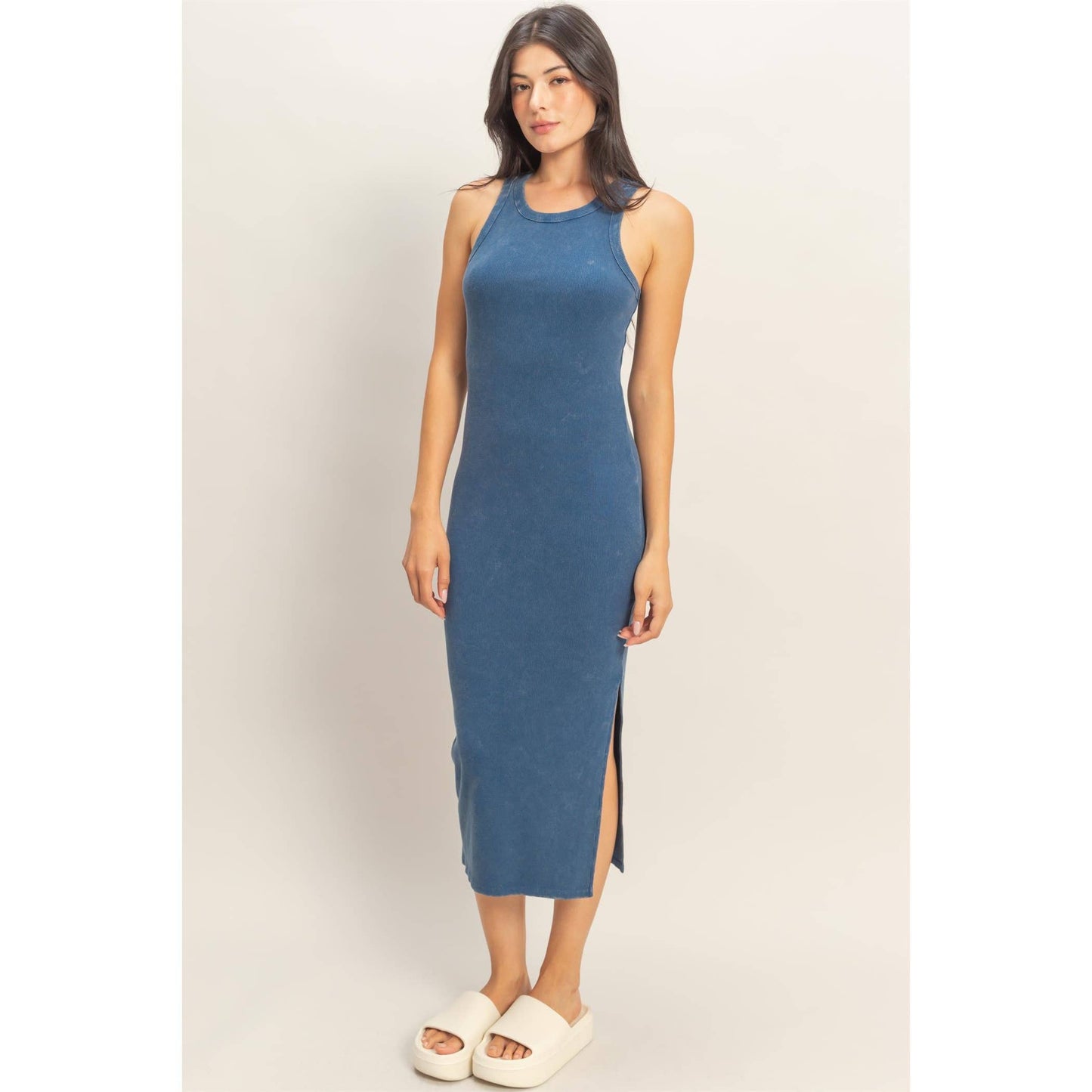 Acid Washed Ribbed Midi Tank Dress