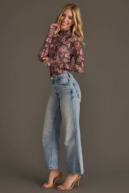 Olive & Pink Floral Mesh Top