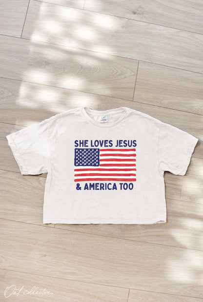 SHE LOVES JESUS AND AMERICA TOO Cropped Mineral Graphic Top
