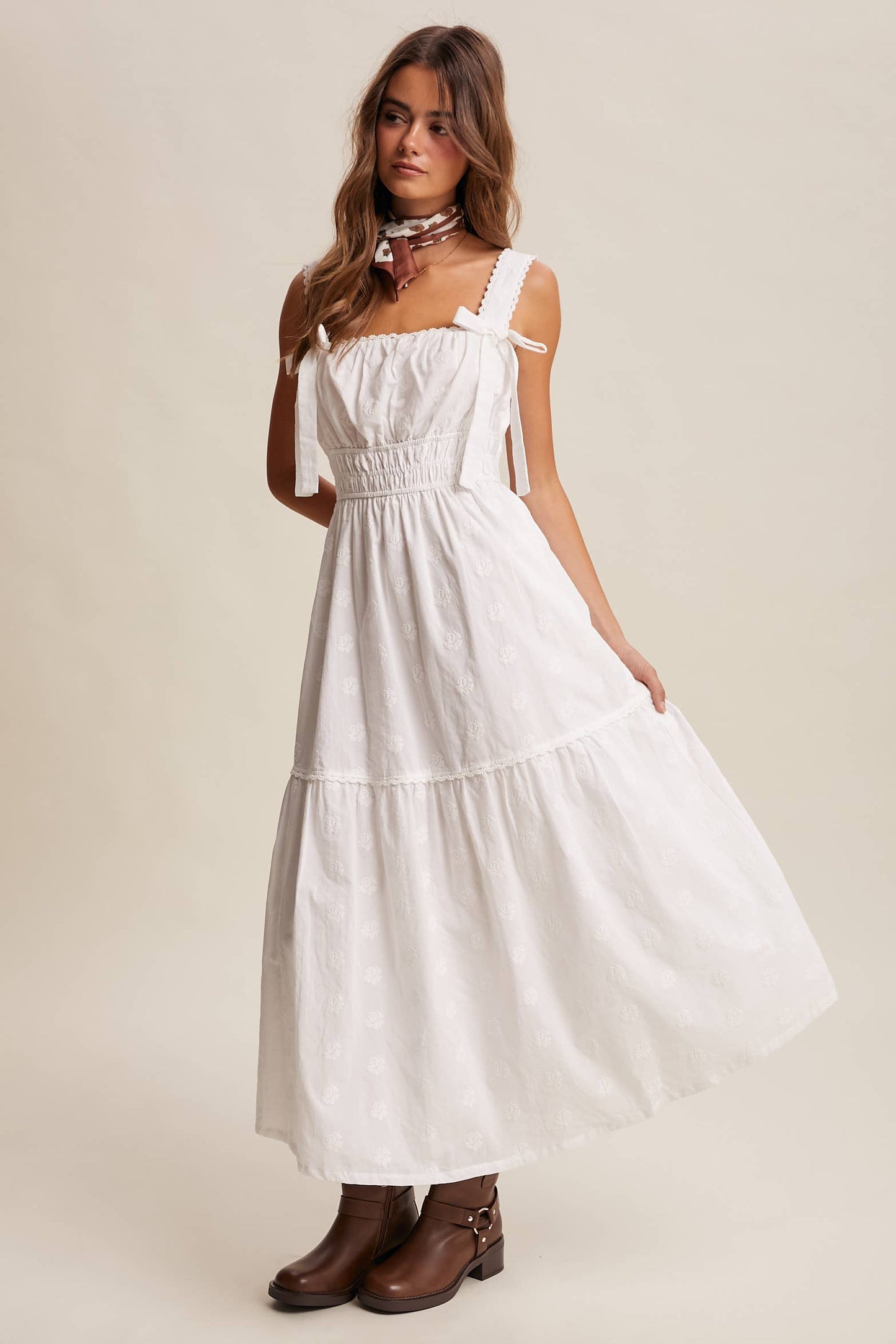 Embroidered Tie-Strap Tiered Maxi Dress