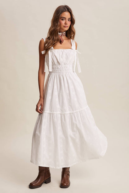 Embroidered Tie-Strap Tiered Maxi Dress