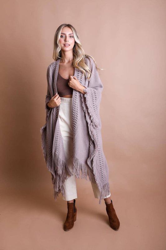 Open Work Frayed Border Bohemian Ruana: Gray