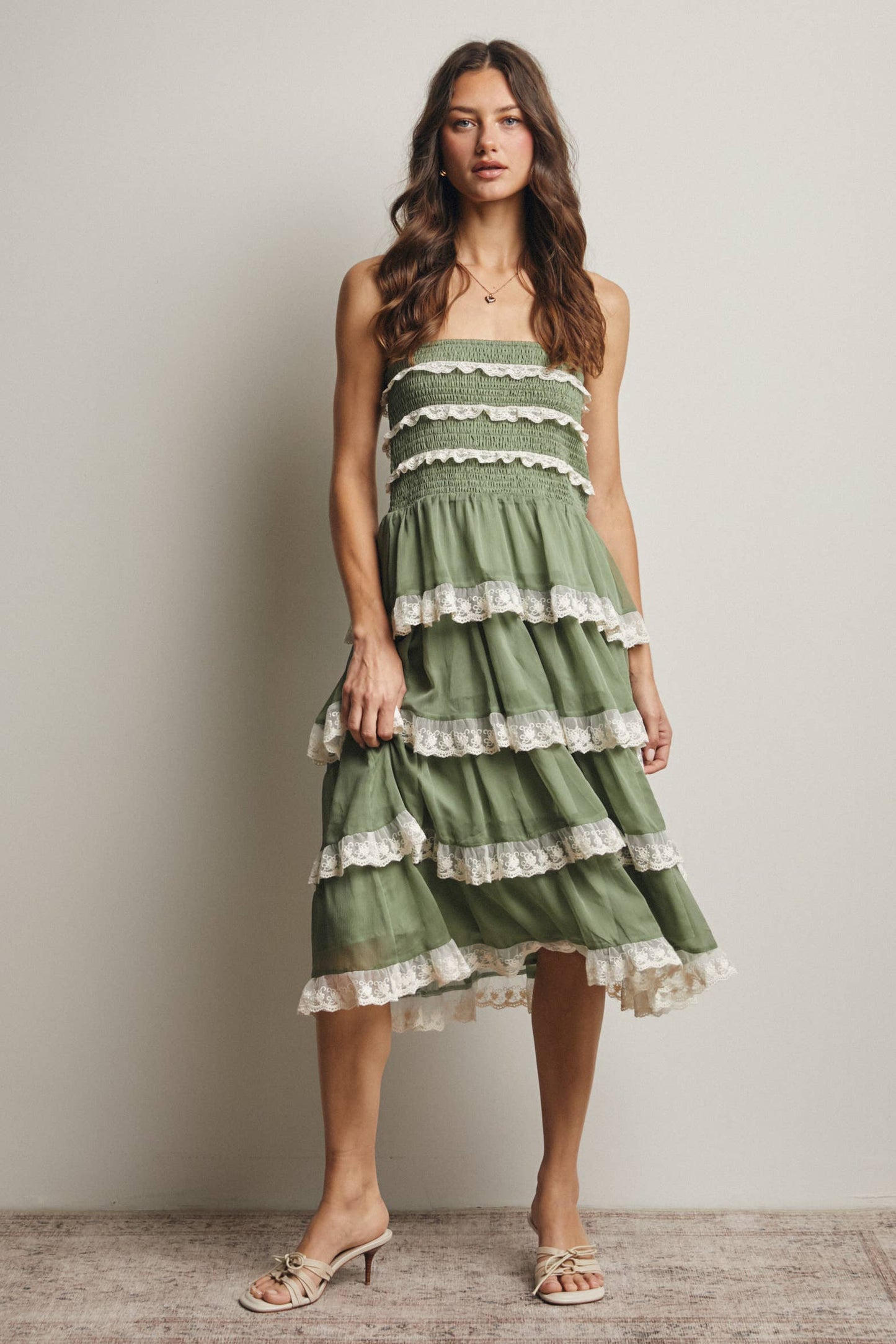 Smocked Lace Trim Two-Way Midi Dress Skirt