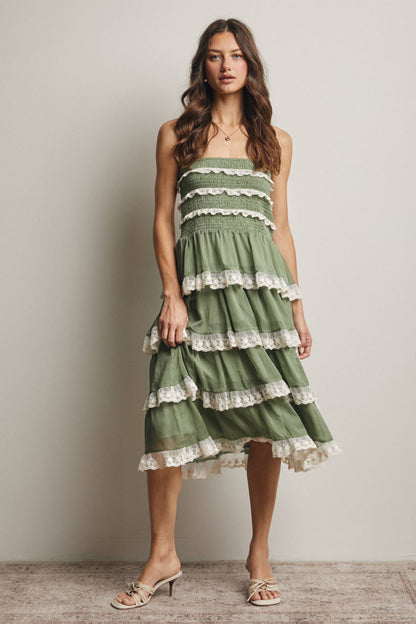 Smocked Lace Trim Two-Way Midi Dress Skirt