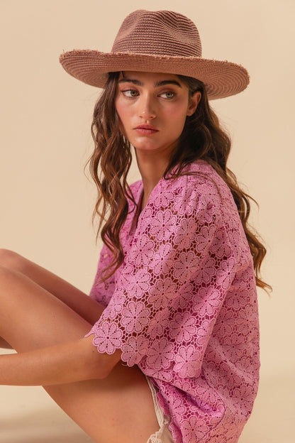 All Over Flower Lace V Neck Top