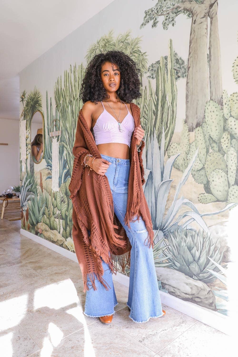 Open Work Frayed Border Bohemian Ruana: Brown